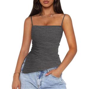 imagePRETTYGARDEN Womens Summer Spaghetti Strap Tank Tops Sleeveless Camisole Blouses Asymmetrical Going Out Basic Tank ShirtGrey