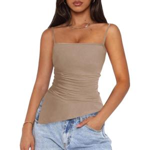 imagePRETTYGARDEN Womens Summer Spaghetti Strap Tank Tops Sleeveless Camisole Blouses Asymmetrical Going Out Basic Tank ShirtKhaki