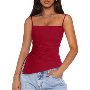 imagePRETTYGARDEN Womens Summer Spaghetti Strap Tank Tops Sleeveless Camisole Blouses Asymmetrical Going Out Basic Tank ShirtRed