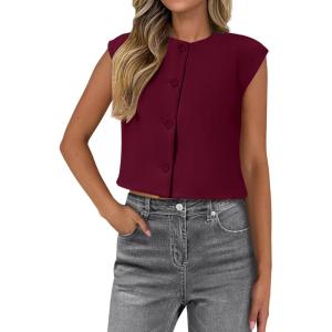 imagePRETTYGARDEN Womens Summer Suit Vest 2025 Dressy Casual Crop Tops Business Work Office Clothes Trendy Blazer WaistcoatWine Red