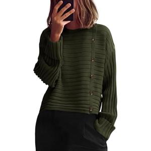 imagePRETTYGARDEN Womens Sweaters Fall 2025 Casual Long Sleeve Crewneck Button Loose Winter Knit Pullover Sweater TopsArmy Green
