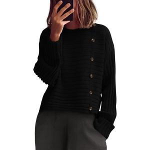 imagePRETTYGARDEN Womens Sweaters Fall 2025 Casual Long Sleeve Crewneck Button Loose Winter Knit Pullover Sweater TopsBlack