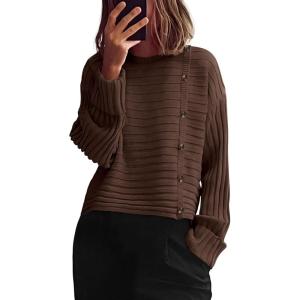imagePRETTYGARDEN Womens Sweaters Fall 2025 Casual Long Sleeve Crewneck Button Loose Winter Knit Pullover Sweater TopsCoffee