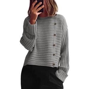 imagePRETTYGARDEN Womens Sweaters Fall 2025 Casual Long Sleeve Crewneck Button Loose Winter Knit Pullover Sweater TopsGrey