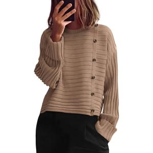 imagePRETTYGARDEN Womens Sweaters Fall 2025 Casual Long Sleeve Crewneck Button Loose Winter Knit Pullover Sweater TopsKhaki