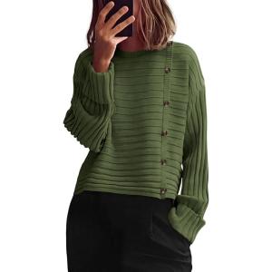 imagePRETTYGARDEN Womens Sweaters Fall 2025 Casual Long Sleeve Crewneck Button Loose Winter Knit Pullover Sweater TopsLight Army Green