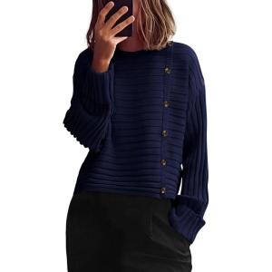 imagePRETTYGARDEN Womens Sweaters Fall 2025 Casual Long Sleeve Crewneck Button Loose Winter Knit Pullover Sweater TopsNavy