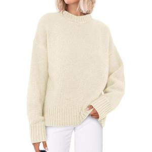 imagePRETTYGARDEN Womens Sweaters Fall 2025 Trendy Casual Crewneck Long Sleeve Cozy Knit Pullover Sweater Tops Winter ClothingBeige White