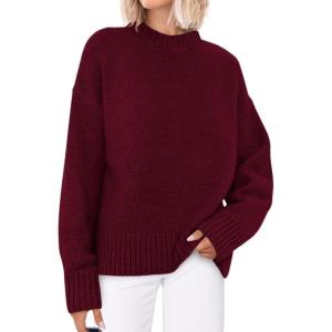 imagePRETTYGARDEN Womens Sweaters Fall 2025 Trendy Casual Crewneck Long Sleeve Cozy Knit Pullover Sweater Tops Winter ClothingWine Red