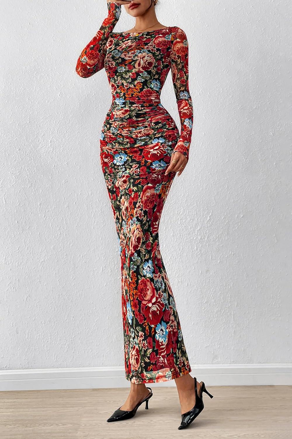 imagePRETTYGARDEN Womens Long Sleeve Bodycon Dresses 2025 Fall Sexy Floral Mesh Slit Ruched Tight Maxi Wedding Guest DressFloral Black Multicolored