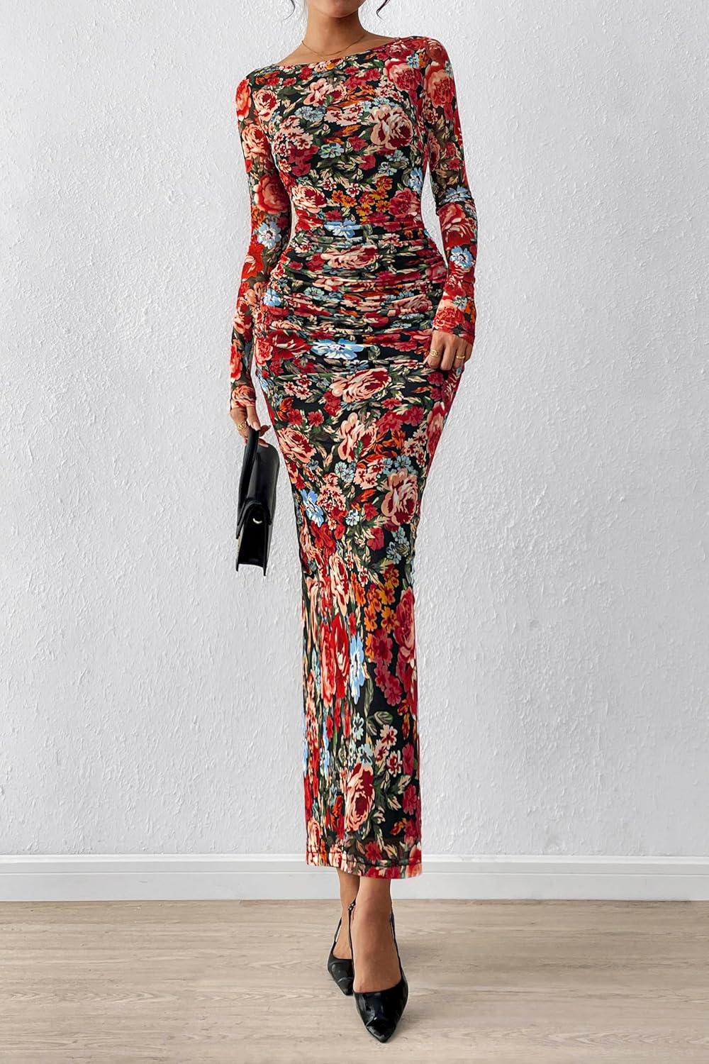 imagePRETTYGARDEN Womens Long Sleeve Bodycon Dresses 2025 Fall Sexy Floral Mesh Slit Ruched Tight Maxi Wedding Guest DressFloral Black Multicolored