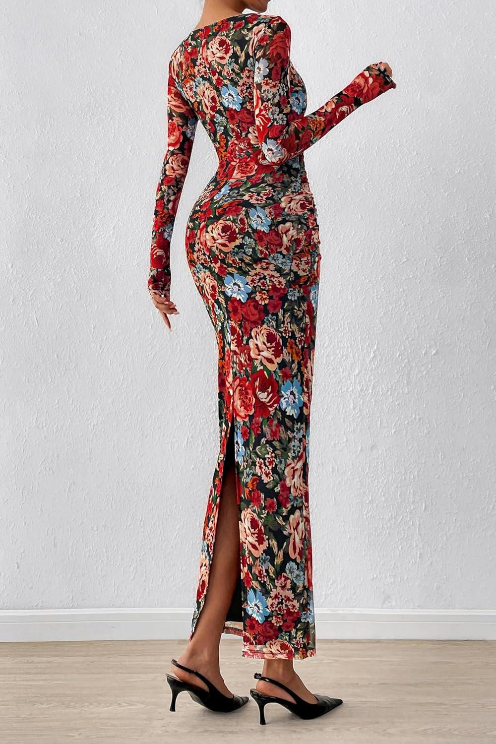 imagePRETTYGARDEN Womens Long Sleeve Bodycon Dresses 2025 Fall Sexy Floral Mesh Slit Ruched Tight Maxi Wedding Guest DressFloral Black Multicolored