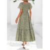 imagePRETTYGARDEN Boho Dresses for Women 2025 Summer Floral Short Sleeve V Neck Smocked Flowy Beach Vacation Maxi DressArmy Green Floral