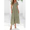 imagePRETTYGARDEN Boho Dresses for Women 2025 Summer Floral Short Sleeve V Neck Smocked Flowy Beach Vacation Maxi DressArmy Green Floral