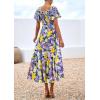 imagePRETTYGARDEN Boho Dresses for Women 2025 Summer Floral Short Sleeve V Neck Smocked Flowy Beach Vacation Maxi DressPurple Yellow Floral