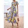 imagePRETTYGARDEN Boho Dresses for Women 2025 Summer Floral Short Sleeve V Neck Smocked Flowy Beach Vacation Maxi DressPurple Yellow Floral