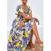 imagePRETTYGARDEN Boho Dresses for Women 2025 Summer Floral Short Sleeve V Neck Smocked Flowy Beach Vacation Maxi DressPurple Yellow Floral