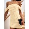 imagePRETTYGARDEN Cocktail Dresses 2025 Summer Off Shoulder Sexy Bodycon Ruched Mesh Graduation Wedding Guest Mini Short DressApricot