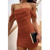imagePRETTYGARDEN Cocktail Dresses 2025 Summer Off Shoulder Sexy Bodycon Ruched Mesh Graduation Wedding Guest Mini Short DressCaramel