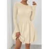 imagePRETTYGARDEN Fall Dresses for Women 2025 Casual Long Sleeve Bubble Cute Crew Neck A Line Mini Short Dress with PocketsApricot