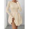 imagePRETTYGARDEN Fall Dresses for Women 2025 Casual Long Sleeve Bubble Cute Crew Neck A Line Mini Short Dress with PocketsApricot