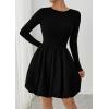imagePRETTYGARDEN Fall Dresses for Women 2025 Casual Long Sleeve Bubble Cute Crew Neck A Line Mini Short Dress with PocketsBlack