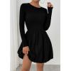 imagePRETTYGARDEN Fall Dresses for Women 2025 Casual Long Sleeve Bubble Cute Crew Neck A Line Mini Short Dress with PocketsBlack