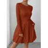 imagePRETTYGARDEN Fall Dresses for Women 2025 Casual Long Sleeve Bubble Cute Crew Neck A Line Mini Short Dress with PocketsBrick Red