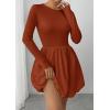 imagePRETTYGARDEN Fall Dresses for Women 2025 Casual Long Sleeve Bubble Cute Crew Neck A Line Mini Short Dress with PocketsBrick Red