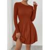 imagePRETTYGARDEN Fall Dresses for Women 2025 Casual Long Sleeve Bubble Cute Crew Neck A Line Mini Short Dress with PocketsBrick Red