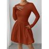 imagePRETTYGARDEN Fall Dresses for Women 2025 Casual Long Sleeve Bubble Cute Crew Neck A Line Mini Short Dress with PocketsBrick Red