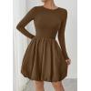 imagePRETTYGARDEN Fall Dresses for Women 2025 Casual Long Sleeve Bubble Cute Crew Neck A Line Mini Short Dress with PocketsBrown
