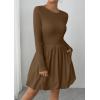 imagePRETTYGARDEN Fall Dresses for Women 2025 Casual Long Sleeve Bubble Cute Crew Neck A Line Mini Short Dress with PocketsBrown