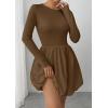 imagePRETTYGARDEN Fall Dresses for Women 2025 Casual Long Sleeve Bubble Cute Crew Neck A Line Mini Short Dress with PocketsBrown