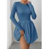 imagePRETTYGARDEN Fall Dresses for Women 2025 Casual Long Sleeve Bubble Cute Crew Neck A Line Mini Short Dress with PocketsGrey Blue