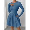 imagePRETTYGARDEN Fall Dresses for Women 2025 Casual Long Sleeve Bubble Cute Crew Neck A Line Mini Short Dress with PocketsGrey Blue