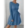 imagePRETTYGARDEN Fall Dresses for Women 2025 Casual Long Sleeve Bubble Cute Crew Neck A Line Mini Short Dress with PocketsGrey Blue
