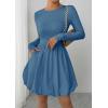 imagePRETTYGARDEN Fall Dresses for Women 2025 Casual Long Sleeve Bubble Cute Crew Neck A Line Mini Short Dress with PocketsGrey Blue