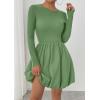 imagePRETTYGARDEN Fall Dresses for Women 2025 Casual Long Sleeve Bubble Cute Crew Neck A Line Mini Short Dress with PocketsLight Green