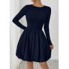 imagePRETTYGARDEN Fall Dresses for Women 2025 Casual Long Sleeve Bubble Cute Crew Neck A Line Mini Short Dress with PocketsNavy