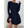 imagePRETTYGARDEN Fall Dresses for Women 2025 Casual Long Sleeve Bubble Cute Crew Neck A Line Mini Short Dress with PocketsNavy