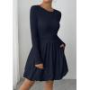 imagePRETTYGARDEN Fall Dresses for Women 2025 Casual Long Sleeve Bubble Cute Crew Neck A Line Mini Short Dress with PocketsNavy