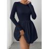 imagePRETTYGARDEN Fall Dresses for Women 2025 Casual Long Sleeve Bubble Cute Crew Neck A Line Mini Short Dress with PocketsNavy