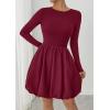 imagePRETTYGARDEN Fall Dresses for Women 2025 Casual Long Sleeve Bubble Cute Crew Neck A Line Mini Short Dress with PocketsWine Red