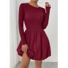 imagePRETTYGARDEN Fall Dresses for Women 2025 Casual Long Sleeve Bubble Cute Crew Neck A Line Mini Short Dress with PocketsWine Red