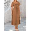 imagePRETTYGARDEN Summer Dress for Women 2025 Casual Short Sleeve Bow Tie V Neck Ruffle Midi Flowy DressesBrown