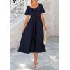 imagePRETTYGARDEN Summer Dress for Women 2025 Casual Short Sleeve Bow Tie V Neck Ruffle Midi Flowy DressesDark Blue
