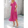 imagePRETTYGARDEN Summer Dress for Women 2025 Casual Short Sleeve Bow Tie V Neck Ruffle Midi Flowy DressesRose Red