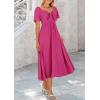 imagePRETTYGARDEN Summer Dress for Women 2025 Casual Short Sleeve Bow Tie V Neck Ruffle Midi Flowy DressesRose Red