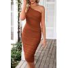imagePRETTYGARDEN Summer One Shoulder Dresses for Women 2025 Elegant Mesh Ruched Asymmetrical Wedding Guest Cocktail Bodycon DressCaramel